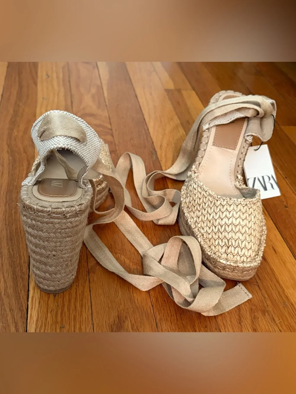 Zara Natural Woven Espadrille Platform Wedges with Ankle Tie